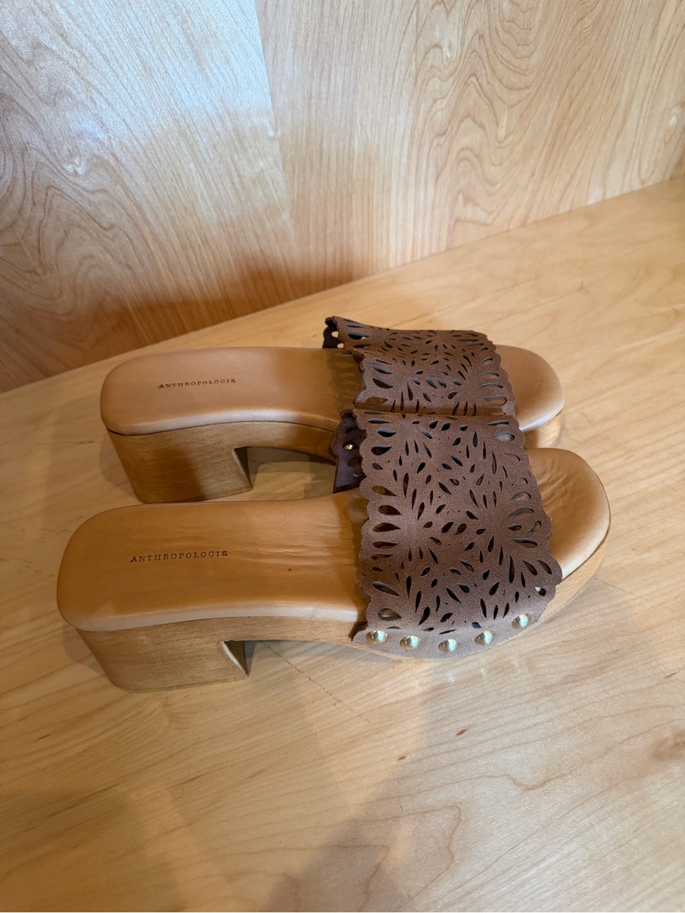 Anthropologie Brown Laser-Cut Clog Slides